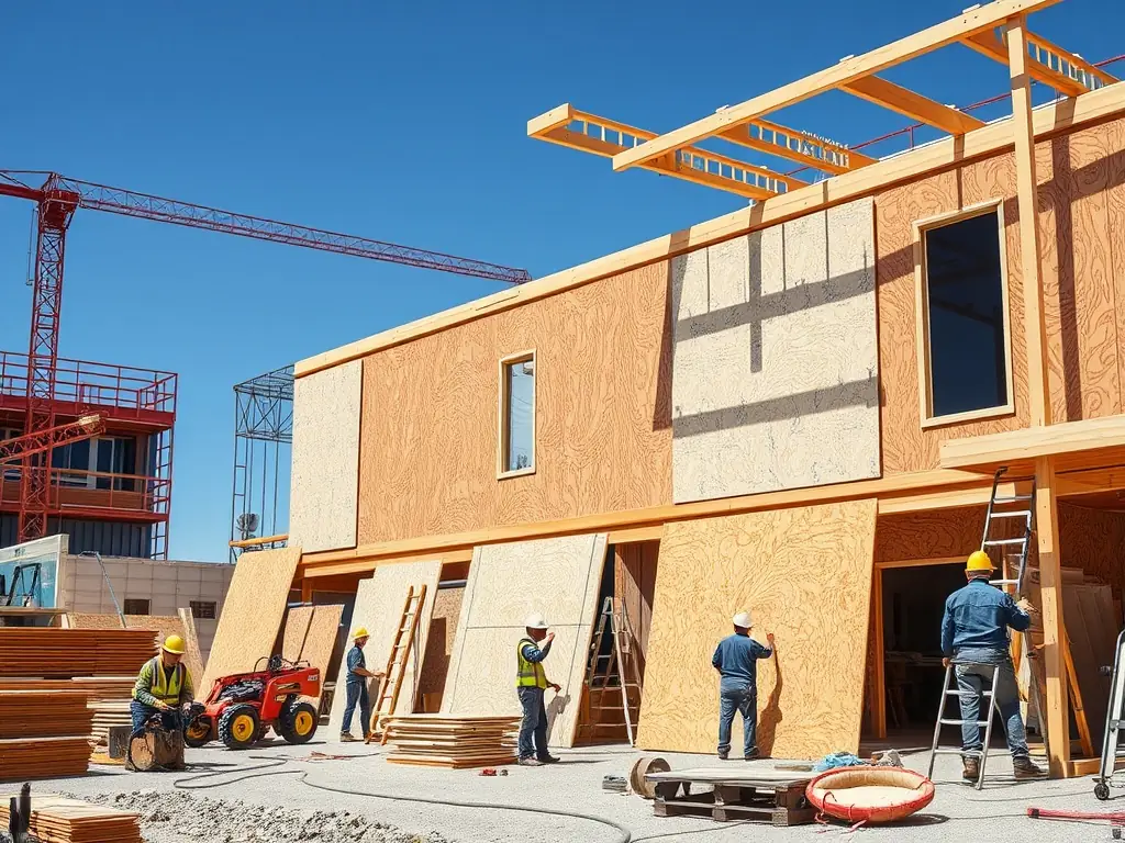 A construction site in the Middle East using Canadian timber, showcasing the suitability of the product for the region's climate.
