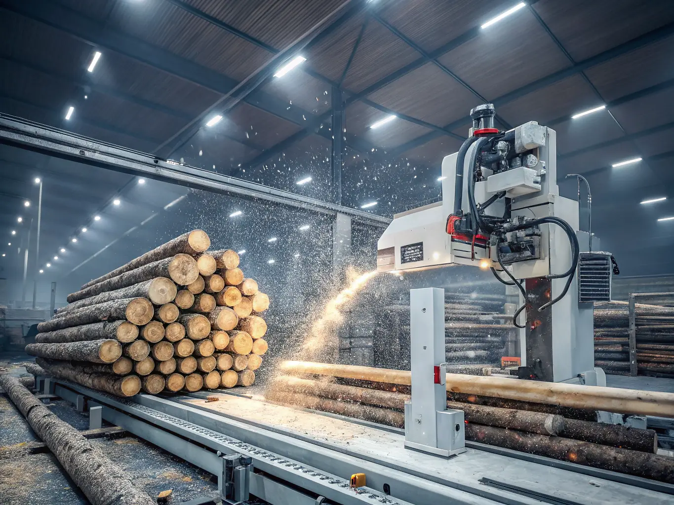 A professional photograph of a lumber mill in Canada, showcasing the advanced technology and sustainable practices used in timber production.