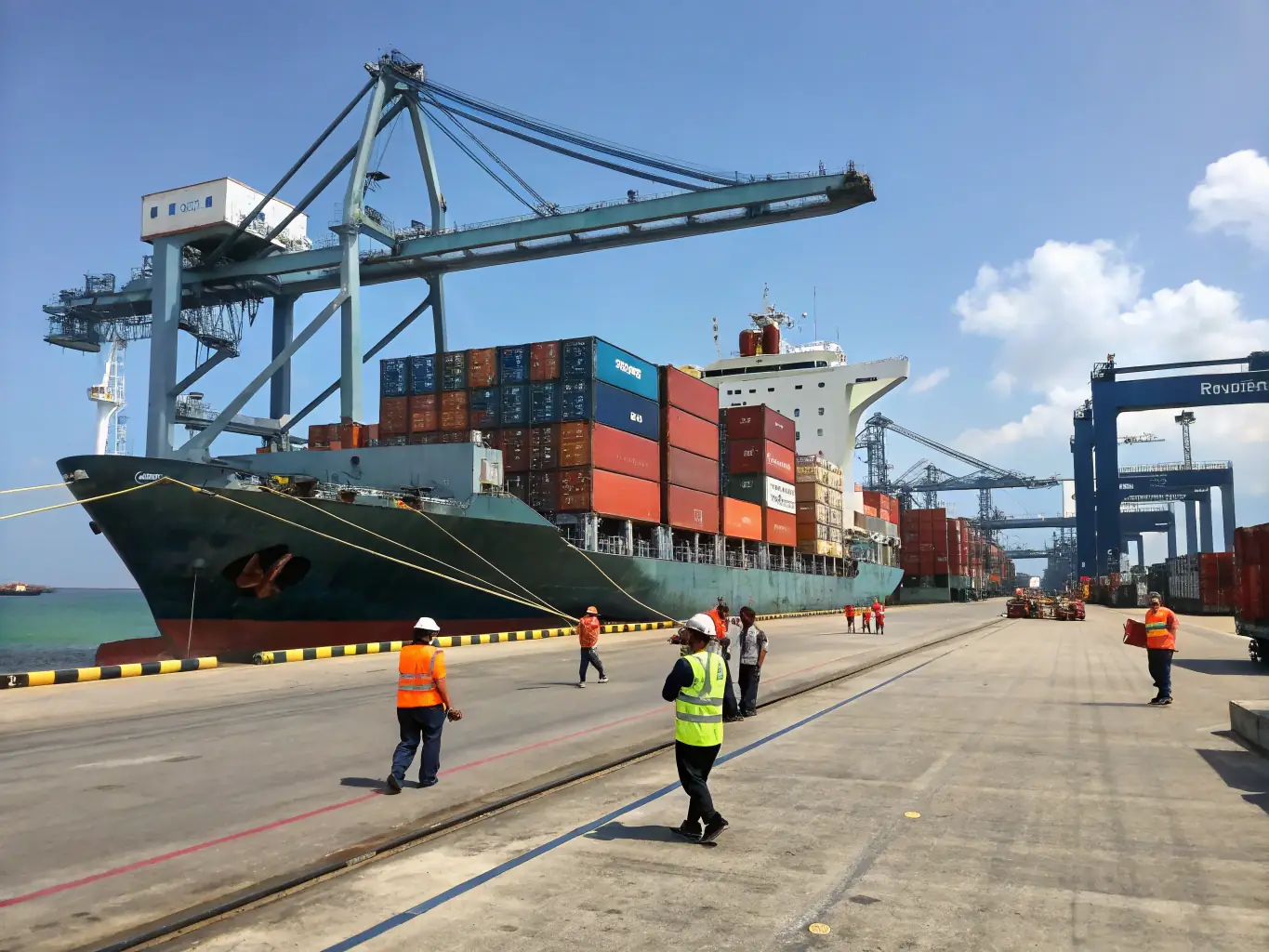 A container ship being loaded with timber at a Canadian port, illustrating the scale and efficiency of the company's shipping operations.