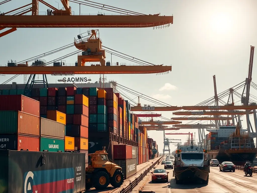 A bustling Asian port with ships loading timber, representing the demand for Canadian lumber in the region.