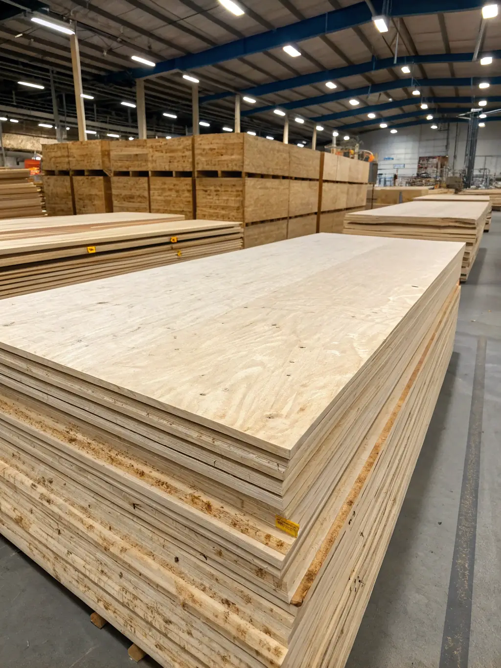 A wide shot of various sizes and grades of SPF lumber neatly arranged in a warehouse, ready for shipment to international markets.