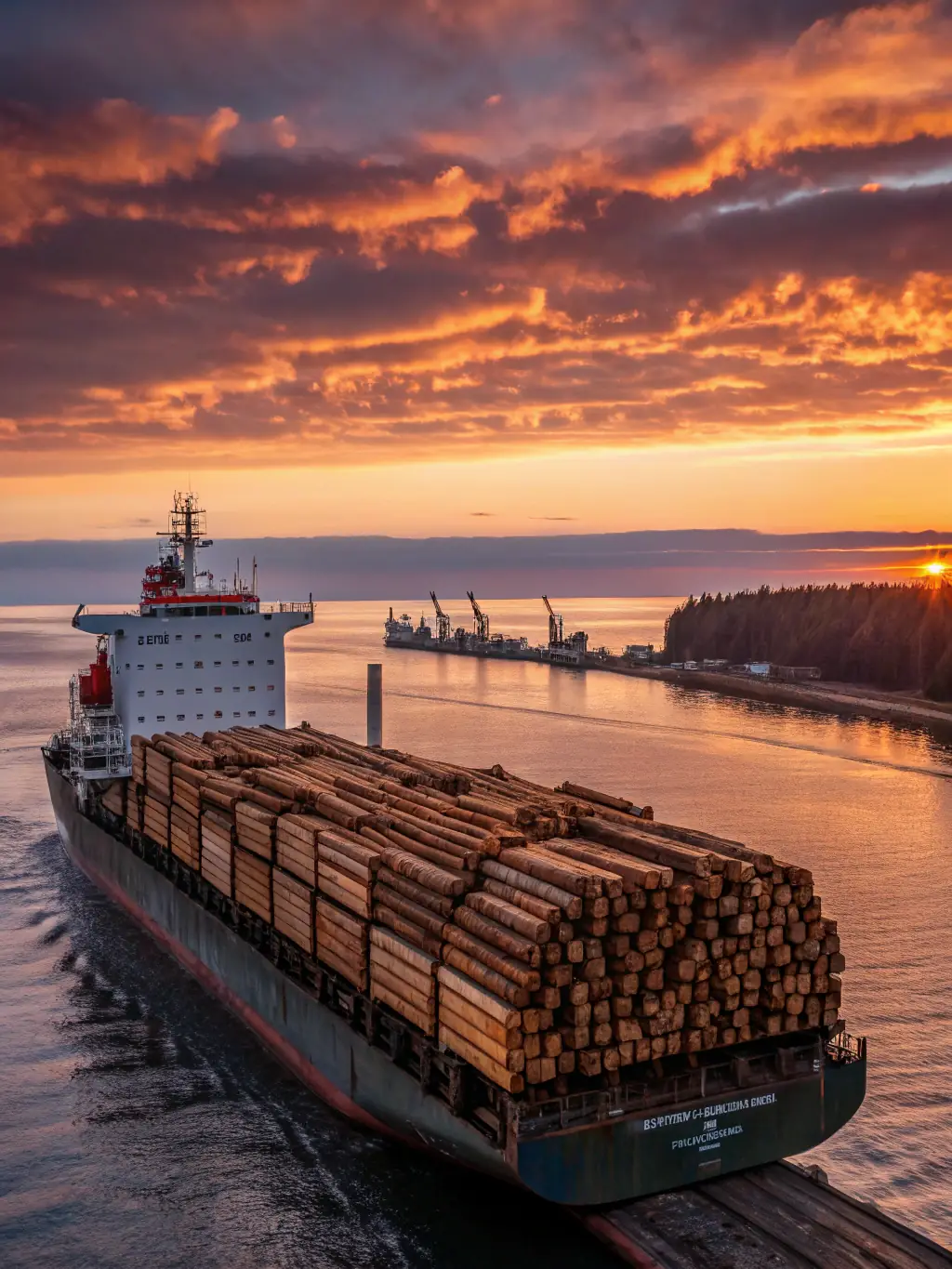 An image of treated lumber being loaded onto a cargo ship, highlighting its enhanced durability and protection against environmental factors.