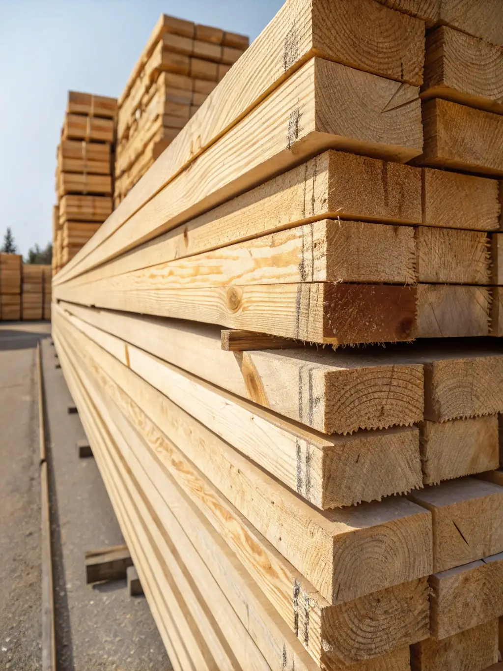 A stack of freshly cut Canadian SPF lumber at a sawmill, ready for export, showcasing the quality of the wood.